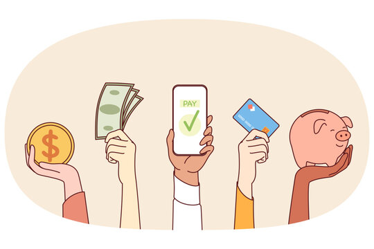 Different payment options show people hands, with cash or bank card and application in smartphones. Selecting payment method from cryptocurrency coin and piggy bank, and smartphone with NFC function