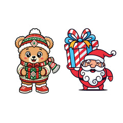 Fototapeta premium Bear and santa claus with gift cute cartoon