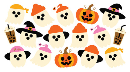 Obraz premium Assortment of cute little ghosts with pumpkins and bubble tea drinks for Halloween