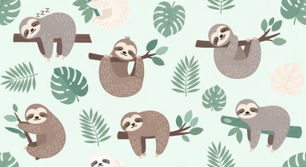 Obraz premium Sloth Illustrations With Leaves on Light Background