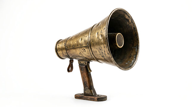 Isolated antique brass megaphone on a white background, a vintage communication device