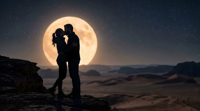 Couple kissing on a cliff against a giant full moon in the night sky