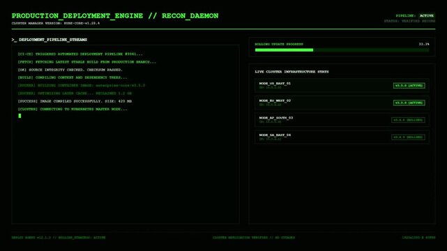 Production Deployment Engine Kubernetes CI CD Pipeline Rolling Update Docker Cluster Node Dashboard Animation.