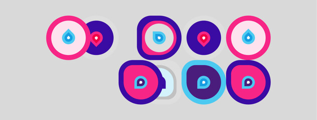 Fototapeta premium Colorful circular designs resembling eyes. Purple, pink, turquoise hues dominate composition. Minimalist style, flat graphic elements present.