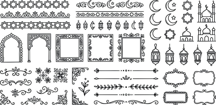 Ramadan Mubarak decoration vector elements set with islamic borders, crescent moon, lanterns and mosque graphics