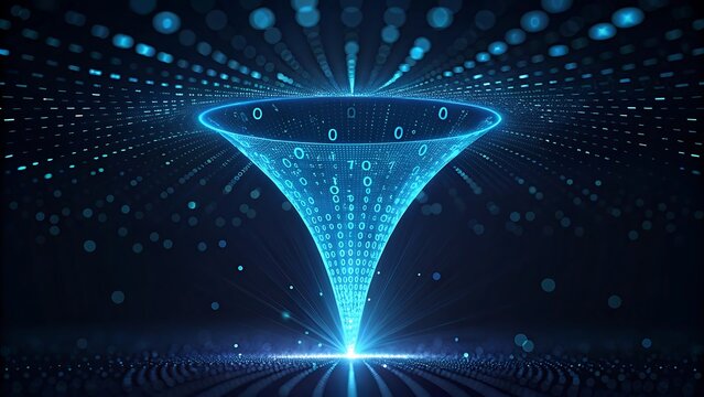 Abstract 3D digital funnel composed of glowing blue binary data streams representing big data analytics flow