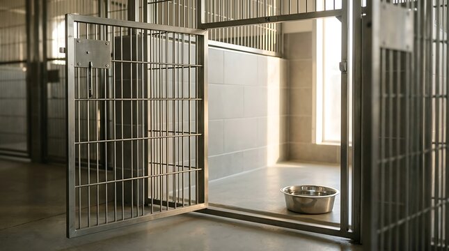 Empty animal shelter kennel with open metal door and stainless steel bowl