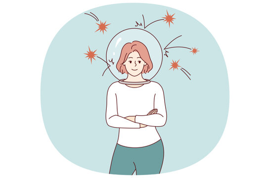 Woman demonstrates resistance to stress thanks to dome that protects from negativity and attacks from enemies. Girl uses psychological hacks to develop stress resistance and antifragility