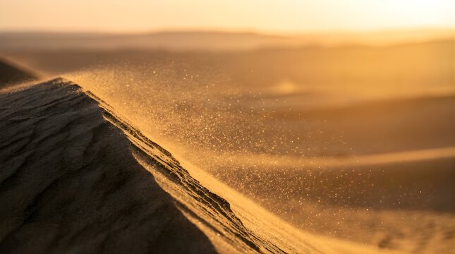 Golden sand dune blowing in the wind during sunrise in the Sahara landscape
