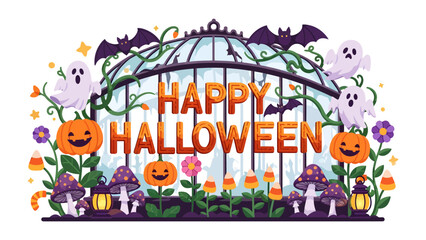 Fototapeta premium Halloween Garden Gateway: A whimsical Halloween scene unfolds with glowing jack-o'-lanterns, playful ghosts, fluttering bats, and candy corn.
