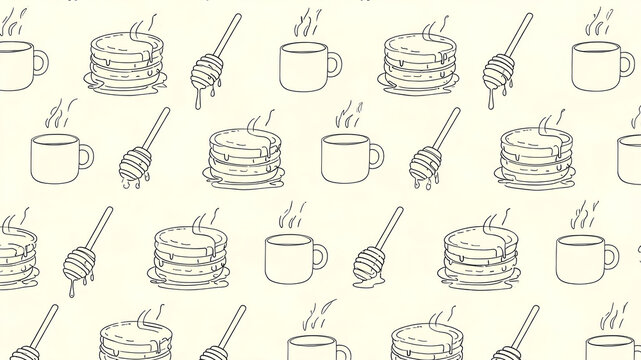 Minimalist breakfast seamless pattern background with pancakes and honey