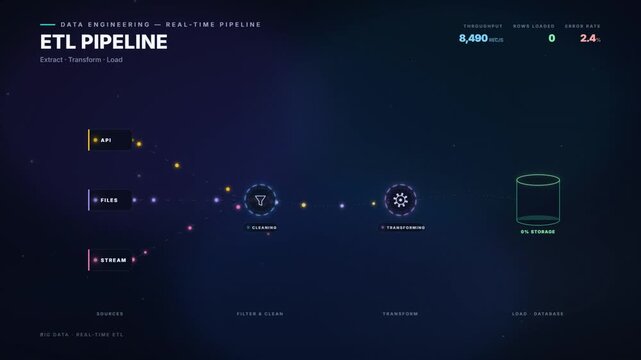 Data engineering ETL pipeline visualization with real time extract transform load flow