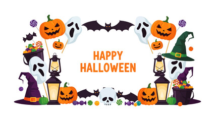 Happy Halloween Celebration: A festive arrangement of iconic Halloween symbols, including jack-o'-lanterns, ghosts, bats, witches' hats, and candy, surrounds the greeting Happy Halloween. © AJM