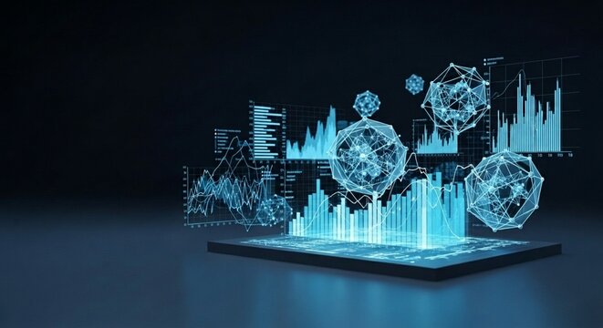 Futuristic Data Visualization of digital financial market analysis with holographic graphs and complex network nodes rising from a tablet screen representing advanced business intelligence and big dat