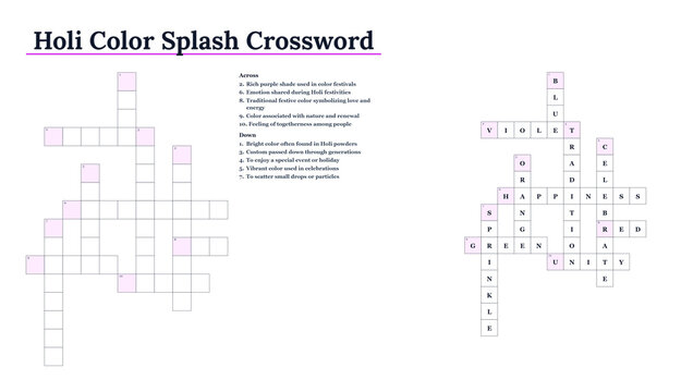 Holi Color Splash Crossword Puzzle Worksheet