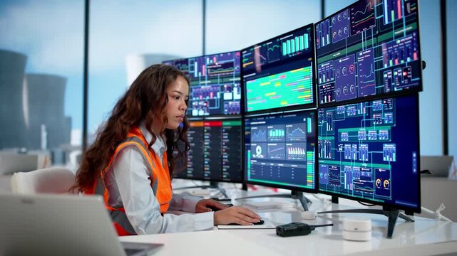 Woman Engineer Monitoring Nuclear Plant Control Systems