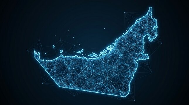 UAE map digital network mesh with glowing blue lights. United Arab Emirates futuristic technology plexus illustration on dark background.