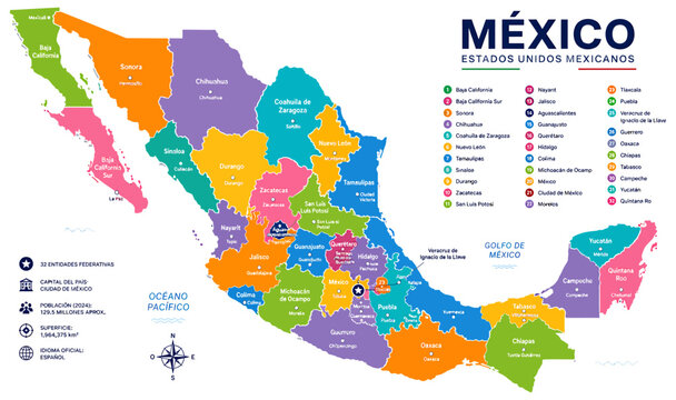 Detailed political map of Mexico showing thirty two colorful states with capital city locations and numbered legend lists for educational reference isolated on transparent background