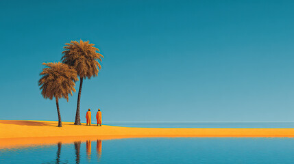 Obraz premium A minimalist, high-contrast landscape featuring two people in bright orange robes standing near two palm trees on a golden sandbar, with clear blue water and sky