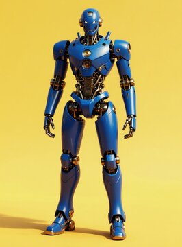 Blue futuristic android stands on yellow background. Metallic robot with visible circuits and joints. Humanoid machine for science fiction concepts and future tech.