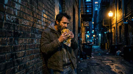 Obraz premium Man burger alley eating greasy urban night street wall hungry man eating greasy burger in dark brick alley, gritty city street scene with dim lamp, wet pavement, lonely mood