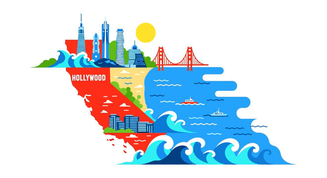 Stylized artistic map illustration of California state with landmarks.