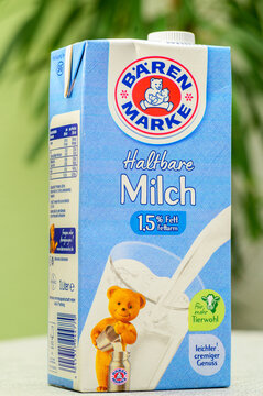 Iserlohn, Germany - May 28, 2026: Close-up of B&Atilde;&curren;renmarke UHT milk carton with 1.5 percent fat content