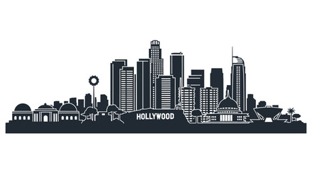 Naklejka premium Minimalist black silhouette of Los Angeles city skyline featuring iconic Hollywood landmark.