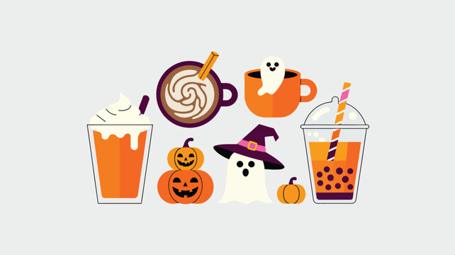 Assortment of Halloween drinks and cute ghost decorations