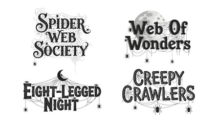Obraz premium Halloween Typography Collection: A set of four distinct typographic designs featuring spooky Halloween themes like spiderwebs, moons, and creepy crawlies.