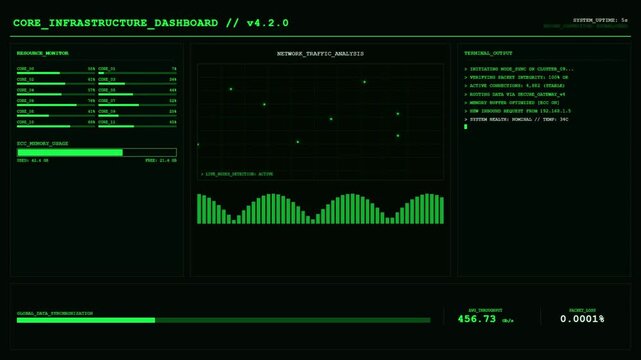 Core Infrastructure Dashboard Network Traffic Analysis Resource Monitor CPU Memory ECC Synchronization Animation.
