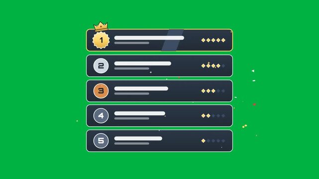Top five ranking leaderboard list animation with medal and crown on green screen