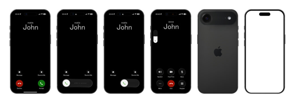 Photorealistic detailed Apple Iphone Air Space Black basic call IU mockup isolated. iOS 26, liquid grass 2026 full template design. Vector editorial png