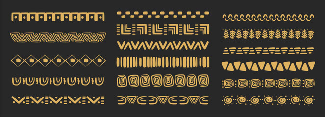 Obraz premium Tribal African folk border, golden ethnic motif hand drawn doodle set on dark background. Tribal geometric design. Aztec art dividers, trendy boho separators.