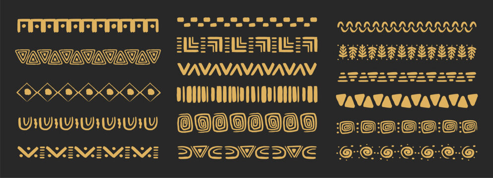 Tribal African folk border, golden ethnic motif hand drawn doodle set on dark background. Tribal geometric design. Aztec art dividers, trendy boho separators.