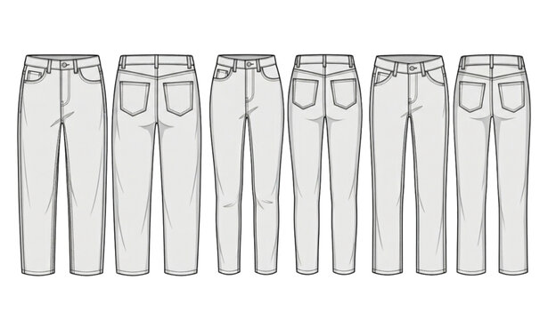 Boyfriend Mom Fit and Low Rise Cropped Jeans Front and Back Fashion CAD Vector Set