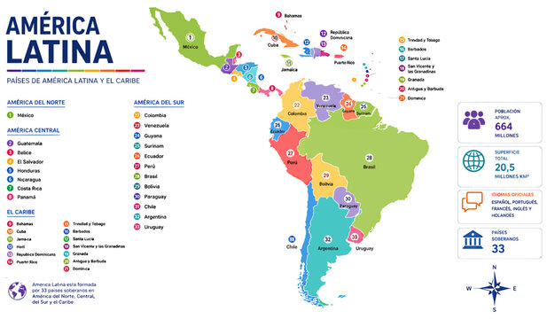 Detailed colorful infographic map showing geographical layout and statistical data for all Latin American and Caribbean countries including numbered regions and labels on transparent background