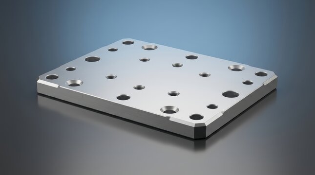 Precision engineered industrial mounting plate 3D render, structural interface plate, flat machined metal base for machinery and robotics assembly systems