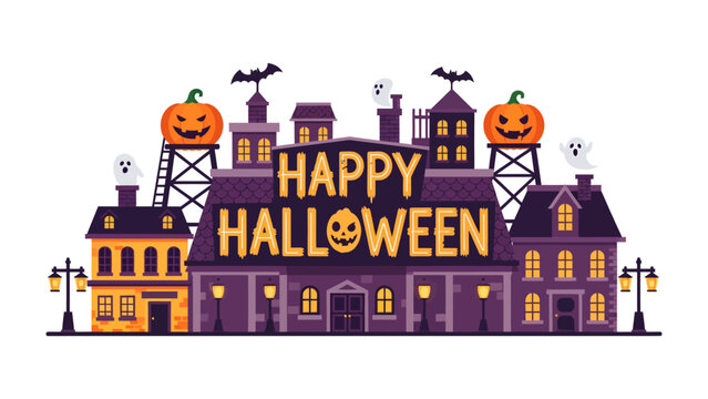 Halloween Town Celebration: A charmingly spooky town decorated for Halloween, featuring illuminated buildings, jack-o'-lanterns, bats, and ghosts, all beneath a Happy Halloween banner.