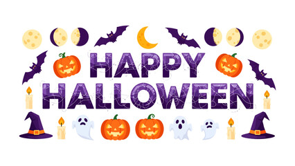 Fototapeta premium Happy Halloween Greeting: Festive Halloween elements including pumpkins, ghosts, bats, and moon phases adorn a celebratory message of Happy Halloween, perfect for seasonal decorations and greetings.