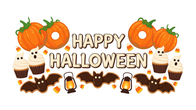 Happy Halloween Illustration: A festive collection of Halloween icons, including pumpkins, ghost cupcakes, bat cookies, and candy corn, arranged around the text Happy Halloween.