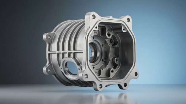 Precision engineered industrial housing component 3D render, protective mechanical enclosure, machined metal casing for machinery and drivetrain systems