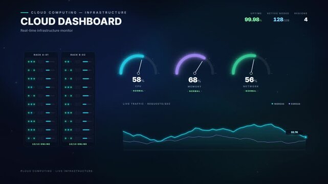 Cloud computing server infrastructure dashboard with real time performance monitoring