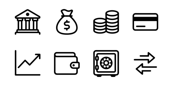 Finance icon set with outline bank money bag and safe deposit box for app UI
