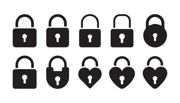 Set of black padlock icons isolated on transparent background for web security and digital privacy.