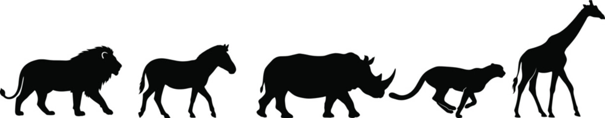 African safari animals silhouette set featuring side view of walking lion zebra rhinoceros running cheetah and giraffe isolated on white background © MSTMEHEJABINBINDA