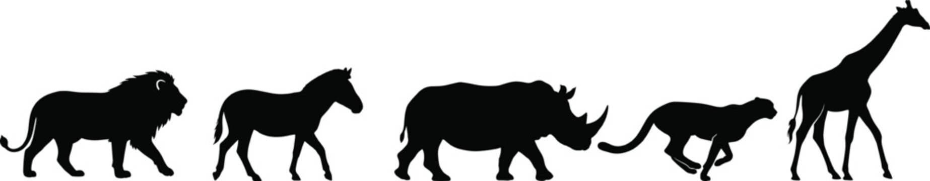 African safari animals silhouette set featuring side view of walking lion zebra rhinoceros running cheetah and giraffe isolated on white background