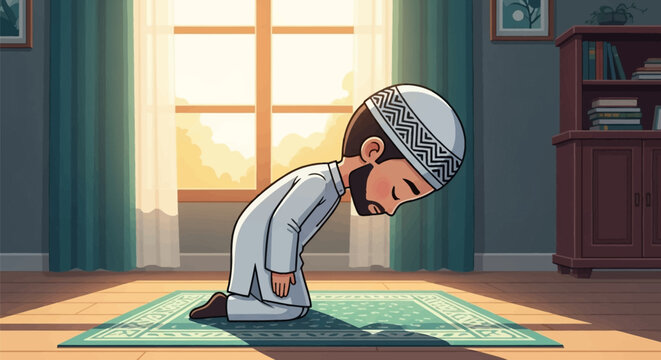 Chibi illustration of a bearded Muslim man wearing a white thobe and kufi cap, performing prayer on a green rug in a sunlit living room with a window and a large wooden bookshelf.