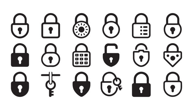 Assorted padlock and key icons featuring diverse designs for web security and system access control.