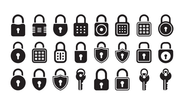 Comprehensive set of padlock icons with keys and combination locks for modern digital security apps.